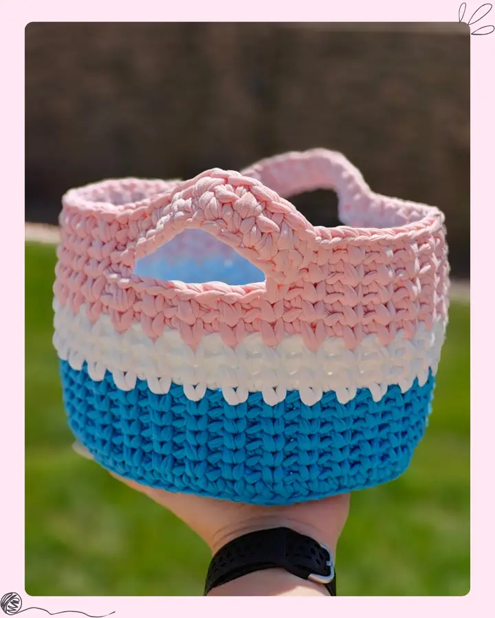 A cozy crocheted textured basket made with T-shirt yarn