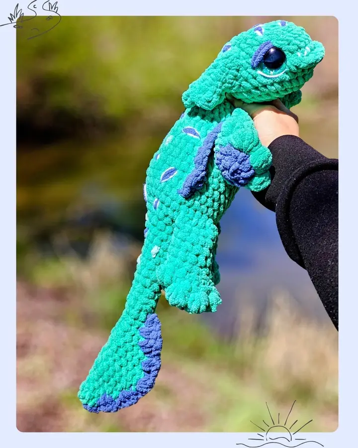 Puddlewick the River Guardian, a whimsical crocheted river guardian with hand-painted eyes